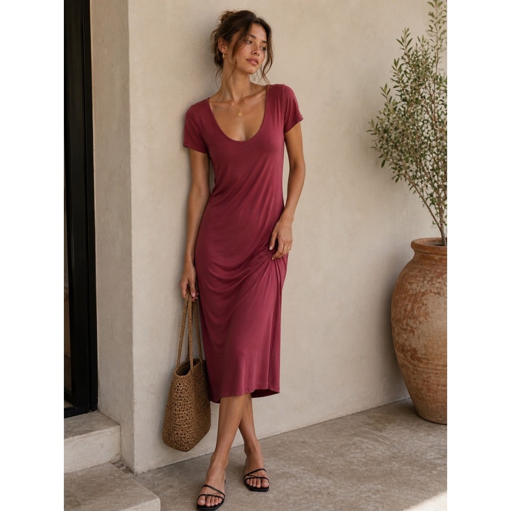 Popular Basics Pink Ribbed Scoop Neck‎ Short Sleeve Bodycon Midi Dress Medium